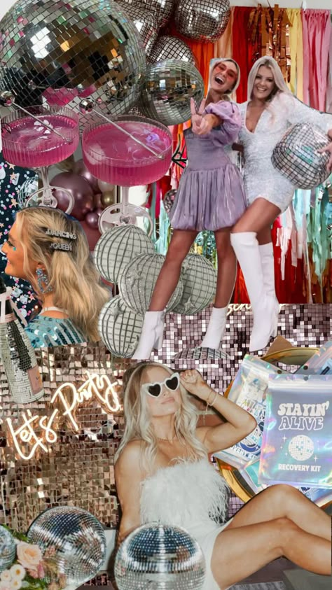 Disco Bach party aesthetic! #discobach #discobacheloretteparty #bachparty #bachelorettepartyideas #bacheloretteparty 70s Disco Hens Party, Portugal Hen Party, Disco Hens Party Outfit, The Last Disco Hen Party, Dessert Disco Bachelorette, Colourful Bachelorette Party, 21st Disco Party, 21st Birthday Disco Theme, 30th Disco Party