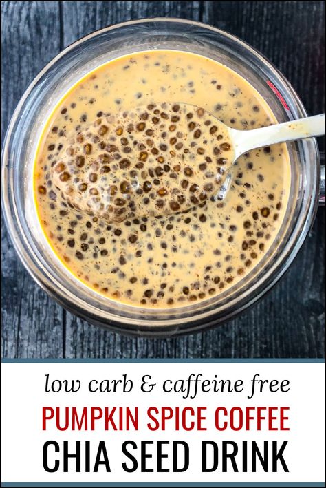 This pumpkin spice coffee chia seed drink is both fun and healthy. It's caffeine free, low carb and doesn't even use coffee so it won't upset your stomach. But it still has that deliciously sweet flavor of a pumpkin spice iced coffee but with plump chia seeds so it's filling too. Best of all this coffee drink only has 105 calories and 2.5g net carbs! Hot Coffee With Chia Seeds Recipe, Coffee And Chia Seeds Recipe, Chia And Coffee, Coffee And Chia Seeds, Hot Coffee With Chia Seeds, Chia Coffee Recipe, Chia Coffee, Chia Seed Drink Recipes, Chai Seed