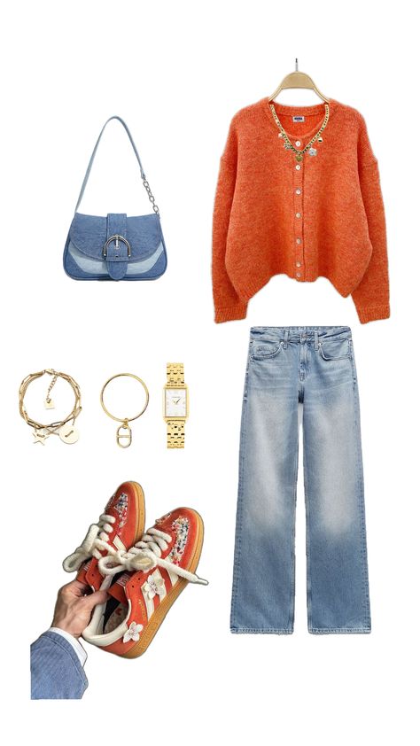 outfit jean Orange Cardigan Outfit, Collage Outfits, Cardigan Outfit, Orange Cardigan, Orange Outfit, Outfit Collage, Cardigan Outfits, Winter Fits, Street Outfit