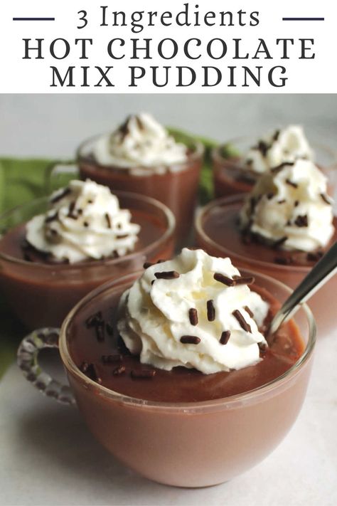 Turn extra hot chocolate mix into an easy and creamy hot chocolate pudding. This recipe only requires 3 ingredients (4 if you count the water) and is ready in less than 10 minutes. Hot Chocolate Pudding Recipe, Chocolate Lush, Hot Chocolate Desserts, Chocolate Pudding Desserts, Hot Puddings, Homemade Pancake Mix, Homemade Chocolate Pudding, Diy Hot Chocolate, Easy Puddings