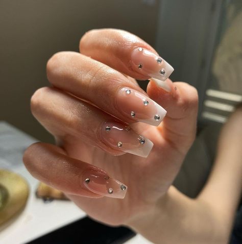 FRENCH NAILS Nails With Gems Square, Square Nails With Gems, French Nails With Stones, White French Nails, Squoval Nails, Square Nail Designs, White French Tip, Short Square Nails, White Nail Designs