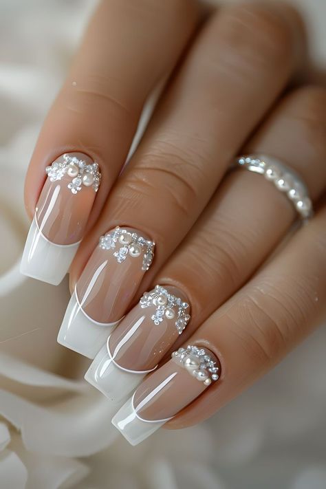 Summer Wedding Nails For Bride, Wedding Nail Designs For Bride 2024, Pearls Nails, Bridal Shower Nails, Nails Jewels, Jewels Nails, Y2k Wedding, Nails Bride, Nails Extension