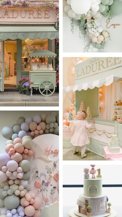 Laudree Theme Birthday, Paris Theme Balloon Garland, French Cafe Birthday Party, Laduree Theme Party, French Bakery Party, Lauderee Aesthetic, Laduree Birthday Party, Paris Themed Baby Shower Ideas, Paris Filter Pfp