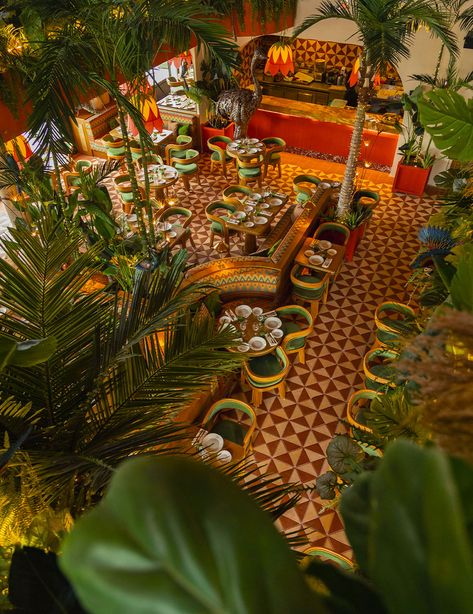 Latin Bar Design, Floral Restaurant Design, Mexico Restaurant Design, Spanish Restaurant Aesthetic, Jamaican Restaurant Design, Latin Restaurant Design, Modern Mexican Restaurant Design, Spanish Restaurant Interior, Tropical Restaurant Design