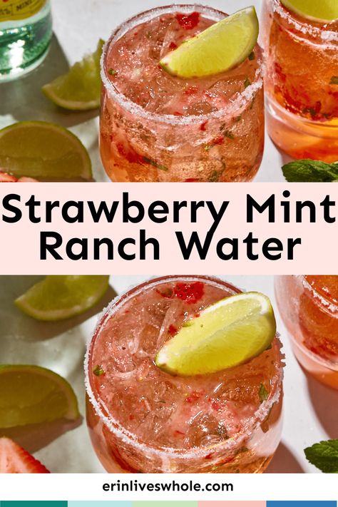 Are you looking for a light, refreshing cocktail to enjoy poolside? You HAVE to make this ranch water recipe. This delicious drink is made with tequila, Topo Chico sparkling mineral water, fresh strawberries and mint, and lime juice. With its bright flavors and beautiful presentation, it's sure to be a hit at any summer gathering! So if you're ready to make some ranch water of your own, follow this simple recipe and get ready to sip in style. Topo Chico Ranch Water, Watermelon Ranch Water, Strawberry Ranch Water, Flavored Ranch Water, Ranch Water Pitcher Recipe, Ranch Water Variations, Spicy Ranch Water, Ranch Water Recipe Topo Chico, Topo Chico Mock Tail