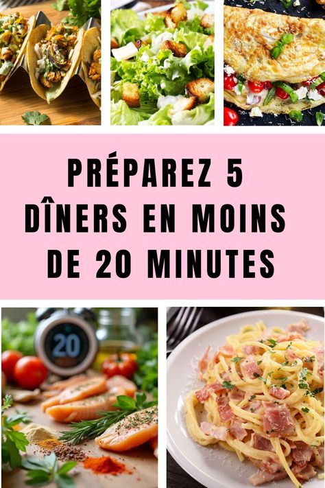 Préparez 5 dîners en moins de 20 minutes: tacos, salade, omelette, saumon, pâtes carbonara. Budget Family Meals, Easy Family Meals, Budget Meals, Diner, Healthy Recipes