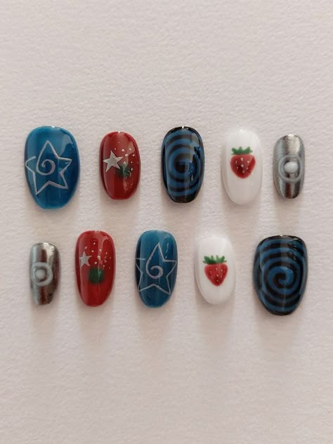 Mail Art Short Nails, Funky Nail Designs Acrylics, Nail Inspos On Short Nails, Swag Nails Short, Short Fruit Nails, Short Funky Nail Designs, Funky Winter Nails, Funky Nails Short, Funky Acrylic Nails