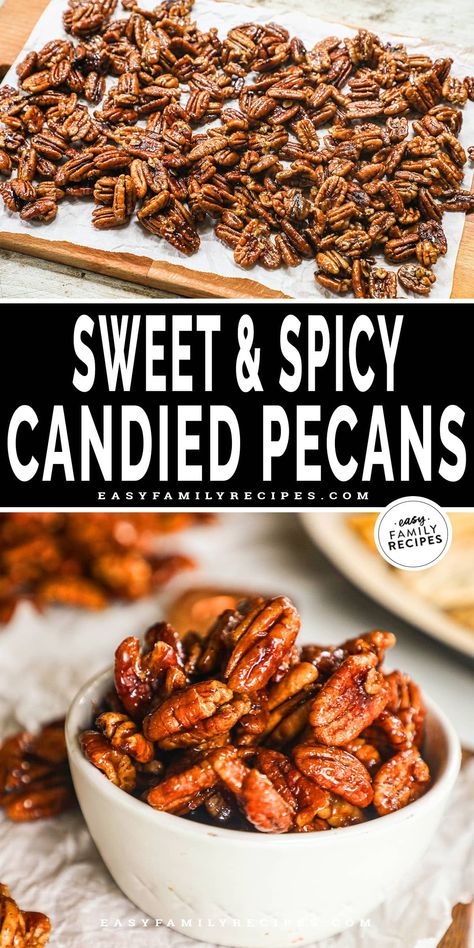 These Sweet and Spicy Pecans are perfect for snacking or for adding texture and flavor to any recipe! These spicy candied pecans are tossed in butter and sweet spices, then coated in a maple, orange, and brown sugar. Serve these spicy pecans recipe as a snack or sprinkle over mashed potatoes, baked brie, roasted veggies, or even your favorite cereal. These sweet and spicy pecans with brown sugar won't last long! Spicey Baked Pecans, Seasoned Pecans Recipe, Roasted Pecans Recipe Brown Sugar, Sugar Pecans Recipe, Sweet Pecans Recipe, Savory Pecans Recipes, Sweet And Spicy Mixed Nuts Recipe, Spicy Candied Pecans Recipe, Pecan Snacks