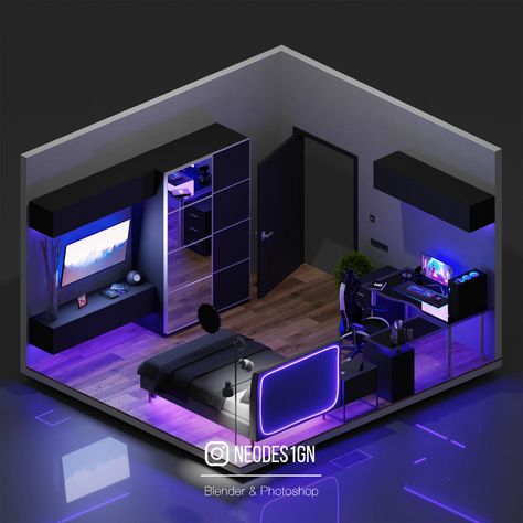 Small Bedroom With Gaming Setup, 3d Gaming Room Design, Small Gamer Bedroom, Small Game Room Design, Game Room Layout, Skjulte Rum, Gaming Bedroom Ideas, Small Room Setup, Gaming Bedroom