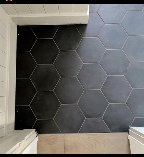 Black Hexagon Kitchen Floor, Dark Grey Hexagon Tile Bathroom, Black Hexagon Bathroom, Black Hexagon Tile Bathroom Floor, Black Hexagon Tile Floor, Honeycomb Tiles Bathroom, Octagon Tile Bathroom, Black Hexagon Tile Bathroom, Dark Tile Bathroom