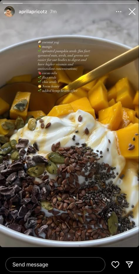 Aesthetic non dairy coconut yogurt bowl with mango, sprouted pumpkin seeds, cacao nibs, flax seeds, chia seeds, hemp hearts, and neem honey. Yogurt Artistry. Nourishing foods. Zen in a bowl. Wellness and Health. Hemp Seed Yogurt, Coconut Yogurt Breakfast, What To Put Chia Seeds In, Pineapple Yogurt Bowl, Coconut Yogurt Bowl, Mango Yogurt Bowl, How To Eat Flax Seed, Hemp Seeds Recipes, Flax Seeds Recipes