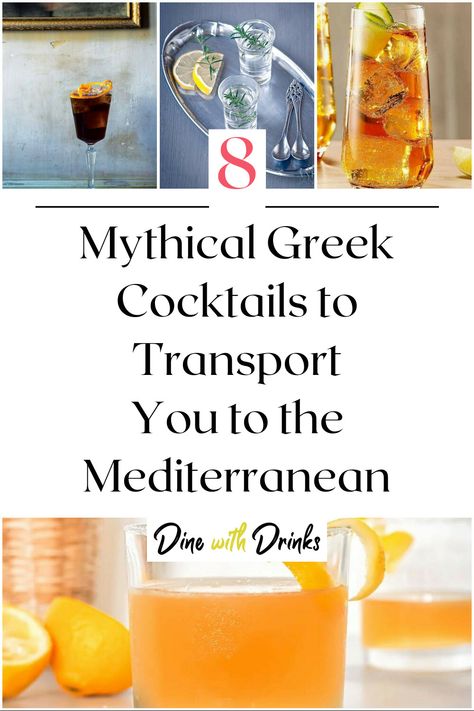 Collage of 4 greek cocktails. Greek Alcoholic Beverages, Greek Mythology Party Food, Greek Inspired Cocktails, Greek Mock Tail, Greek Drinks Non Alcoholic, Greek Cocktails, Kumquat Cocktail, Greek Food Party, Goddess Cocktail