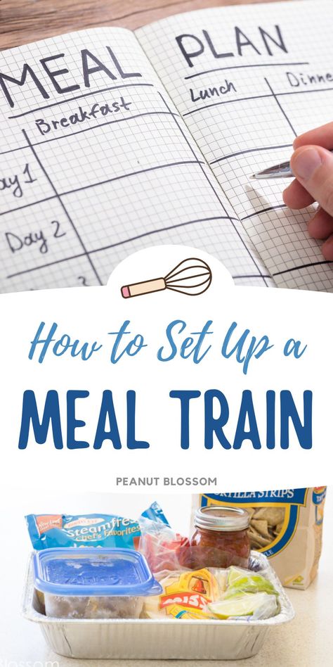 Learn how to set up a meal train for a friend in need. Get the best tips on picking a meal train web site, the information every sign up should have, and how to adjust the meal delivery schedule so the meal train recipient isn't overwhelmed with food. How To Set Up A Meal Train, Food Train Meals, Meal Train Sign Up Sheet, Family Meal Calendar, Meal Train Ideas, Cheap Eating, Meal Train, Take A Meal, Dinner Train