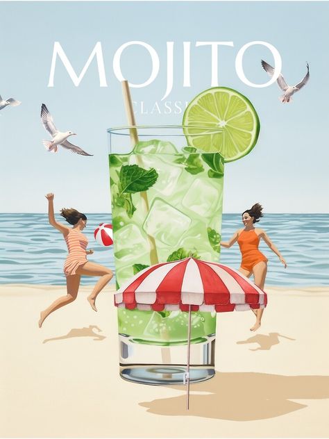 Mojito Poster Design, Cocktail Advertising Design, Cocktail Advertising, Mojito Illustration, Mojito Print, Mojito Poster, Escape Art, Coffee Art Print, Beach Cocktails