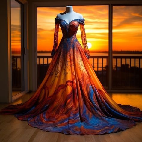 This is AI generated to creat fantasy clothing for my DND world. World building for my fashion side of things Sunset Gown, Dnd World, Oc Clothes, Fantasy Clothes, Halloween Ball, World Building, My Fashion, Fantasy Dress, Costume Outfits