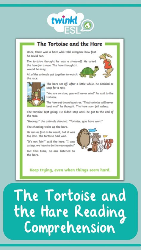 Tortoise and hare reading comprehension worksheets for ESL students. The Hare And The Tortoise, Hare And The Tortoise, The Tortoise And The Hare, Jesus Christ Lds, Tortoise And The Hare, Short Moral Stories, English Stories For Kids, Aesop's Fables, Reading Comprehension Questions