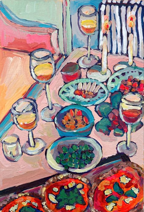 Tablescape Painting, Dinner Party Painting, Date Pizza, Fun Walls, Wonderland Bedroom, Alice In Wonderland Bedroom, Fashion Folio, Acrylic Still Life, Cooking Painting