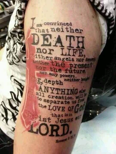 a awesome tattoo of #Romans 8:38-39. I love the font! Christus Tattoo, Scripture Tattoos, Trash Polka Tattoo Designs, Tattoo Trash, Abstract Art Tattoo, Bible Verse Tattoos, Polka Tattoo, Verse Tattoos, Trash Polka Tattoo