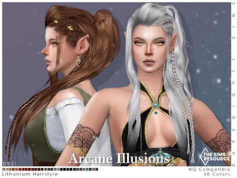 Arcane Illusions - Lithunium Hairstyle for your fantastic, elven sims. Found in TSR Category 'Sims 4 Hair Sets' Elven Hairstyles, Elf Hair, Medieval Hairstyles, Sims Medieval, Cc Hair, Pelo Sims, Tumblr Sims 4, Viking Hair, Sims 4 Teen