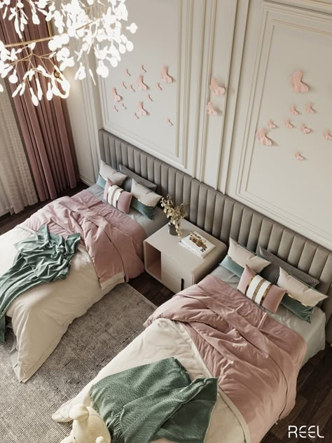 Girls bedroom on Behance Twins Bedroom Design, Dual Bedroom Ideas, Girls Bedroom 2 Beds, Luxury Bedroom Design Girls, Luxury Twin Bedroom, Girls Twin Bedroom Ideas, 2 Girls Bedroom Ideas, Twin Girls Bedroom Ideas, Twins Bedroom Ideas