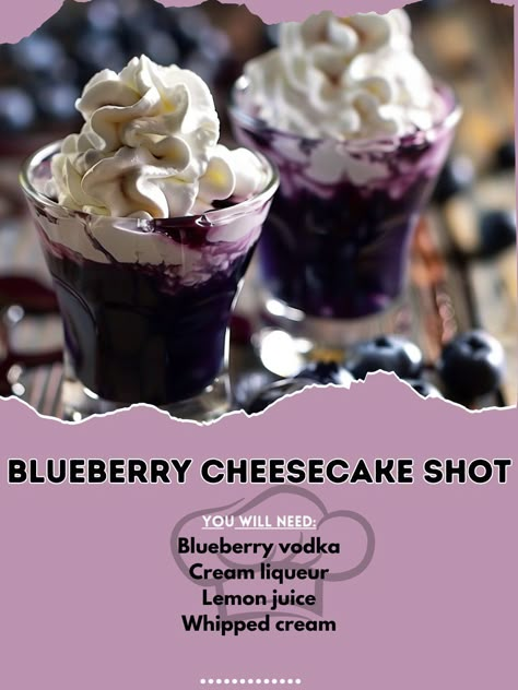 🍰 Treat yourself to a Blueberry Cheesecake Shot! 🫐🍰 #CheesecakeShot #BlueberryBliss Blueberry Cheesecake Shot Ingredients: Blueberry vodka (1 oz) Cream liqueur (1/2 oz) Lemon juice (1/4 oz) Whipped cream (for topping) Instructions: Combine blueberry vodka, cream liqueur, and lemon juice in a shaker with ice. Shake well and strain into a shot glass. Top with whipped cream. 🫐🍰 Enjoy this creamy and delicious shot that tastes just like dessert! 🍰🫐 #RecipeInspire #DessertShots #BlueberryLove Whipped Cream Vodka Recipes Cocktails, Whipped Cream Vodka Recipes, Drinking Party Ideas, Mixed Drinks Alcohol Recipes, Hello Shots, Alcoholic Shots, Dirty Drinks, Alcohol Cabinet, Drink Recipes Alcoholic