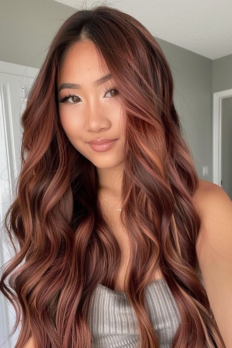 Red And Highlights Hair, Asian Red Highlights, Two Tone Highlights For Brown Hair, Red Highlights In Brown Hair Natural, Auburn Face Framing Highlights, Soft Red Highlights In Brown Hair, Red Brown Highlights On Dark Hair, Red Brown Hair Balayage, Strawberry Highlights In Brown Hair