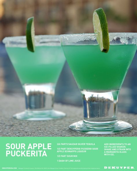 Sour Apple Puckerita - Combine 3/4 parts Sauza® Tequila, 1/2 part DeKuyper® Pucker® Sour Apple Schnapps, 1/2 part Sour Mix and 1 dash of Lime juice. Can be served over ice or frozen. Garnish with a lime and salt on the rim. Cheers! Apple Pucker Drinks, Sour Apple Pucker, Cranberry Juice And Vodka, Apple Schnapps, Vodka Cranberry, Apple Pucker, Coctails Recipes, Sour Mix, Yummy Alcoholic Drinks