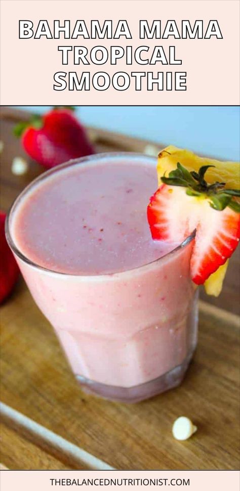 Learn how to make a bahama mama smoothie with this easy copycat recipe! If you're a fan of the Tropical Smoothie Cafe Bahama Mama smoothie then this recipe is for you. It's fruity, sweet, and so refreshing. Tropical Smoothie Bahama Mama Recipe, Bahama Mama Smoothie Recipe, Bahama Mama Smoothie, Recipe With Strawberries, Tropical Smoothie Recipes, Tropical Smoothie Cafe, Nutritious Desserts, Preworkout Snack, Vegan White Chocolate