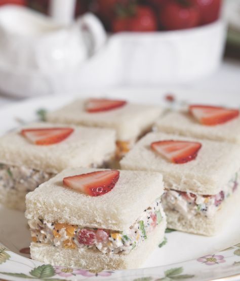 Chicken Salad Bites, Chicken Salad Tea Sandwiches, Party Sandwiches Recipes, Tea Party Sandwiches Recipes, Salad Bites, Strawberry Chicken, Strawberry Chicken Salad, Tea Party Sandwiches, Tea Sandwiches Recipes