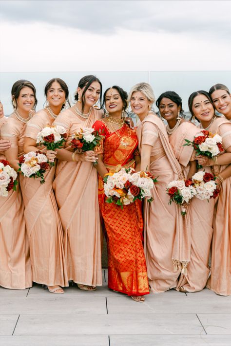 Beautiful Indian Wedding Party Bride and Bridesmaids | hindu wedding inspo, hindu wedding ceremony, indian wedding inspo, modern indian bride, wedding aesthetic indian, north indian wedding, desi bridesmaids, indian wedding couple photography, wedding photography poses, south asian wedding planner, beautiful indian wedding picture, boston wedding florist, south asian wedding ideas, south asian wedding, boston wedding designer, indian wedding outfits, Mandap design, Hindu wedding decorations South Indian Wedding Aesthetic Decor, Hindu Wedding Bouquet, Hindu Bridesmaids Outfits, Hindu Wedding Aesthetic, Tamil Bridesmaid, South Indian Wedding Aesthetic, Wedding Aesthetic Indian, Hindu Tamil Wedding, South Indian Bridesmaids