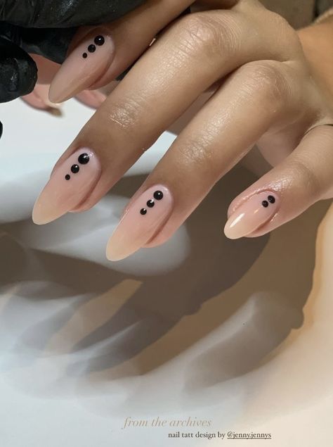 Three Dot Nails, French Tip Nails With Dots, Dot French Tip Nails, Nails With Dots Simple, Fun Neutral Nails, Nails With Dots, Natrual Nails, Black And Nude Nails, Nail Art Simple