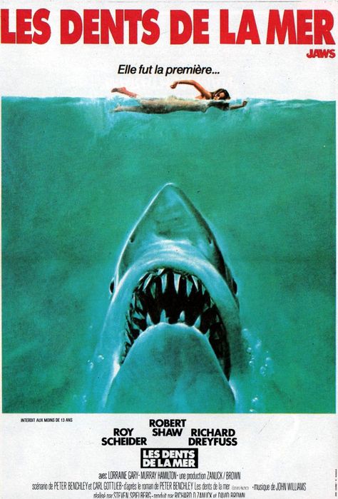 Les Dents de la mer © Cinema International Corporation (CIC) http://www.linternaute.com/cinema/film/116/les-dents-de-la-mer/ Jaws Film, Jaws Movie Poster, Vintage Films, Jaws Movie, Filmy Vintage, Film Vintage, Cinema Posters, Classic Monsters, Movie Wallpapers