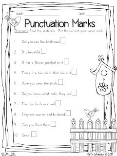 4 FREE Printables - Punctuation, Syllables, Telling Time and Math Word Problems 2nd Grade Writing, 1st Grade Writing, First Grade Writing, Grammar And Punctuation, Teaching Language Arts, Punctuation Marks, First Grade Reading, Free Worksheets, Printables Free