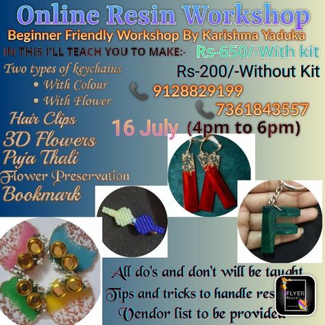 Resin workshop Limited seats Call or WhatsApp for registration #resinworkshop #workshop #onlineresinworkshop #resin #resinart #handmaderesinproducts #resinclass #onlineresinclass Resin Beginner, Resin Workshop, Vendors List, Tips And Trick, Resin Top, Do's And Don'ts, Diy Resin Crafts, Diy Resin, Flyer Maker