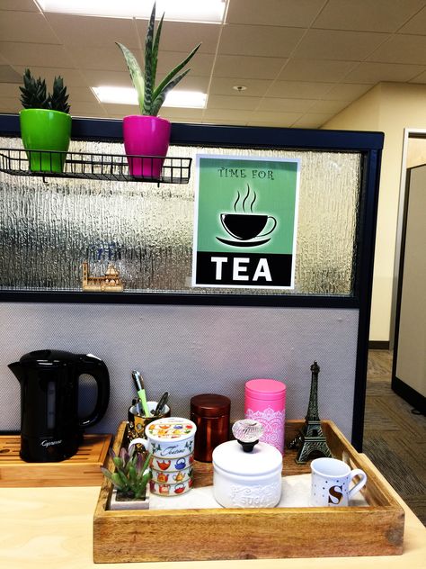 Tea Desk, Home Office Tea Station, Desk Tea Station, Tea Station Office Desk, Tea Tray Display Coffee Stations, Dorm Tea Station, Doctors Office Decor, Tea Station, Doctor Office