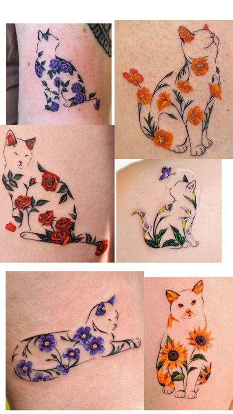 Cat Made Of Flowers Tattoo, Flower Cat Tattoo Simple, Cat With Butterfly On Nose Tattoo, Cat In Flowers Tattoo, Cat Tattoo Flowers, Cat Butterfly Tattoo, Cat Tattoo With Flowers, Cat With Flowers Tattoo, Cat And Flower Tattoo