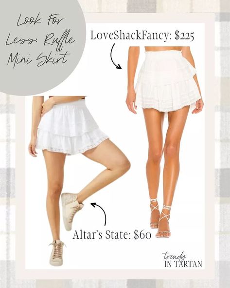 Look for less: ruffle mini skirt! Mini skirt, ruffle skirt, white skirt #LTKfit#LTKSeasonal#LTKstyletip Mini Skirt Summer, Mini Skirt White, Tartan Fashion, Skirt Ruffle, Clothing Staples, Ruffle Mini Skirt, White Mini Skirt, Skirt Summer, Lace Short