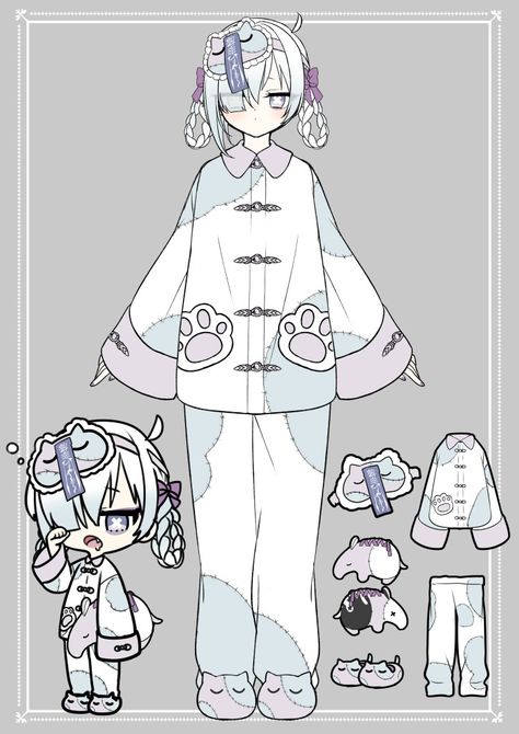 Anime Pjs Drawing, Ghost Vtuber Design, Fluffy Clothes Drawing, Pajama Drawing Reference, Pajama Character Design, Onesie Drawing Reference, Japanese Clothing Drawing, Pyjamas Drawing, Sleepy Character Design