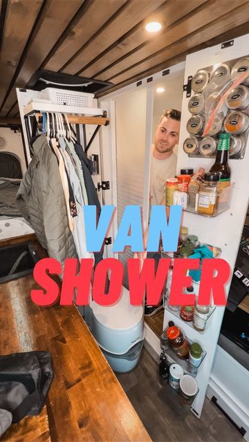 Van Life Indoor Shower Ideas, Secret Shower Van, Van Conversion With Shower, Bedroom Bathroom Combo, Van Life With Shower And Toilet, Camper Van Toilet Shower Combo, Van Layouts, Hidden Shower, Recirculating Shower System Van