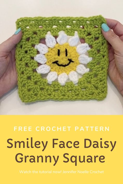 Smiley Granny Square Crochet Pattern, Smiley Crochet Pattern, Easter Granny Squares, Happy Face Granny Square, Crochet Cute Granny Square, Crochet Smiley Face Granny Square, Smiley Face Granny Square Pattern, Fun Granny Squares Crochet, Smiley Granny Square