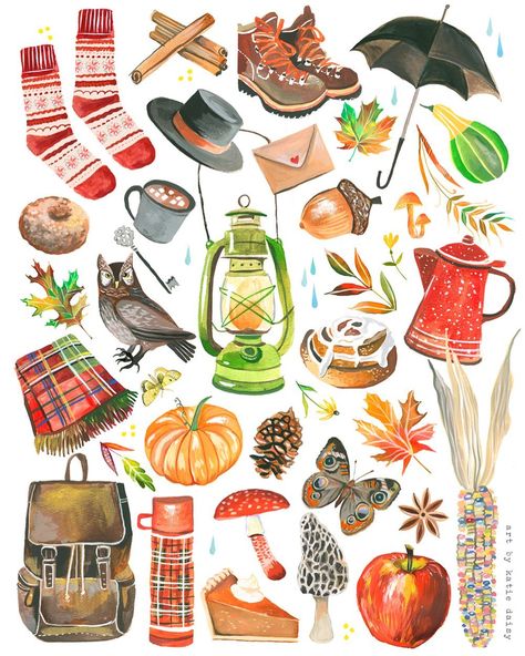 Katie 🌻 Daisy on Instagram: “Autumn Delights 🍁🍂🌾 New art print in my shop :) 🍄🍂🔥✨” Katie Daisy, Autumn Illustration, Wall Art Watercolor, Seni Cat Air, Fall Wall Art, Acrylic Artwork, Art Et Illustration, Autumn Art, Art Watercolor