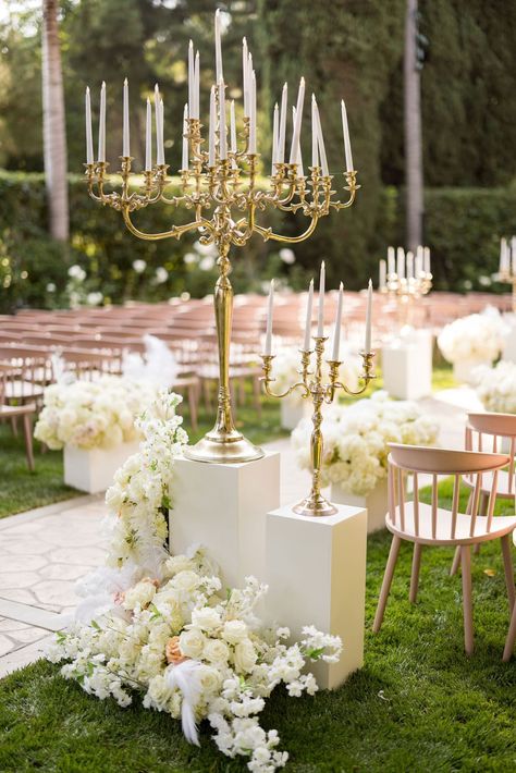 Gold Candelabra at Wedding Ceremony Entrance Wedding Candelabras Ceremony, Candelabra Wedding Decor, Candleabras Wedding Ceremony, Candelabra Wedding Ceremony, Wedding Alter Candles, Candleabra Wedding, Wedding Ceremony Entrance, Ceremony Entrance, Alter Flowers