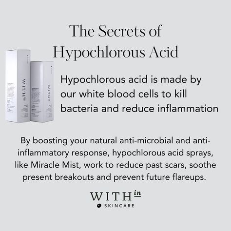 What you NEED to know Hypochlorous acid is becoming more and more popular as a skincare product so here’s the low down on this miracle worker 💫. Miracle Mist can be used to treat a range of skin concerns, even on the most sensitive, and you can be assured that it is a genuinely pure hypochlorous acid spray. When it comes to your skin, just use Within ✨. #hypochlorousacidUK #hypochlorousacid #miraclemist #HOCl #hypochlorousacidspray #besthypochlorousacid #smallbrand #skincarelovers #sk... Hypochlorous Acid Spray, Hyloranic Acid Serum Benefits, Hypochlorous Acid, Hydrochloric Acid, Tartaric Acid, White Blood Cells, Alpha Hydroxy Acid, Skincare Product, Blood Cells