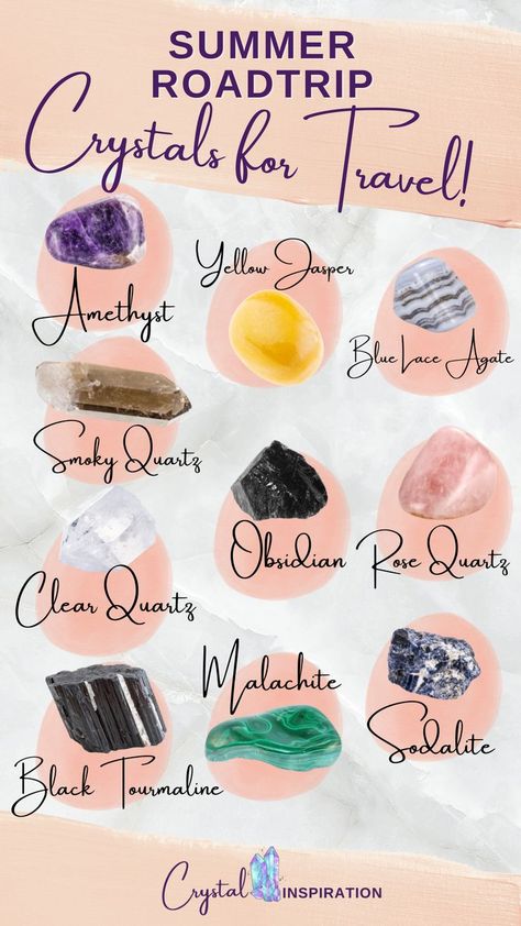 Photo showing crystals for travel like: amethyst, yellow jasper, blue lace agate, smoky quartz, obsidian, rose quartz, clear quartz, black tourmaline, malachite, and sodalite Travel Crystals, Chakra Stones Chart, Crystals For Travel, Moon And Star Quotes, Crystals For Luck, Traveling For Work, Crystals Healing Grids, Summer Roadtrip, Gemstones Chart