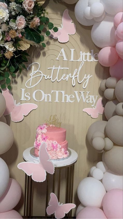 Gender Reveal With Butterflies, A Butterfly Is On Her Way, Its A Girl Baby Shower Theme, Baby Shower Girls Theme, Cute Baby Shower Themes For A Girl, Butterfly Gender Reveal Party, A Little Butterfly Is On Her Way Theme, Butterfly Garden Baby Shower Theme, Baby Girl Baby Shower Ideas Themes