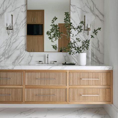 Floating Cabinets, Marble Tile Floor, Transitional Bathroom, Vanity Design, Home Luxury, White Marble Countertops, Marble Bathroom, Bathroom Renos, Wooden Cabinets