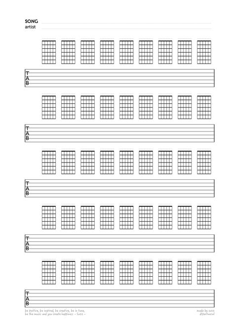 be positive, be inspired, be creative, be in tune, be the music and you create happiness - Suzz -  BLANK GUITAR chords and tabs A4 HR - by SUZZ Guitar Tab Sheet, Chords Progressions, Ukulele Fingerpicking Songs, Ukulele Fingerpicking, Guitar Chord Progressions, Blank Sheet Music, Guitar Play, Guitar Theory, Create Happiness