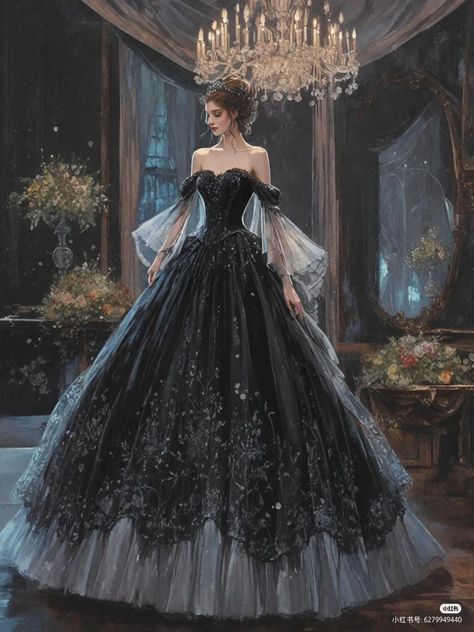 Black Royal Gown, Royal Black Aesthetic, Black Dress Fantasy Gowns, Royal Princess Aesthetic Dress, Black Princess Dress Fairytale, Fantasy Princess Dress Aesthetic, Black Gown Aesthetic, Princess Dress Dark, Black Fantasy Gown