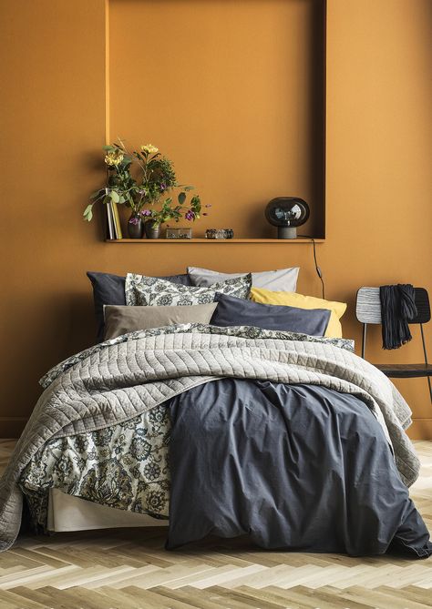 Mustard Bedroom, Yellow Bedroom Walls, Mustard Yellow Bedrooms, Yellow Kitchen Designs, Mustard Yellow Walls, Yellow Bedroom Decor, Mustard Walls, Yellow Bedding, Yellow Room