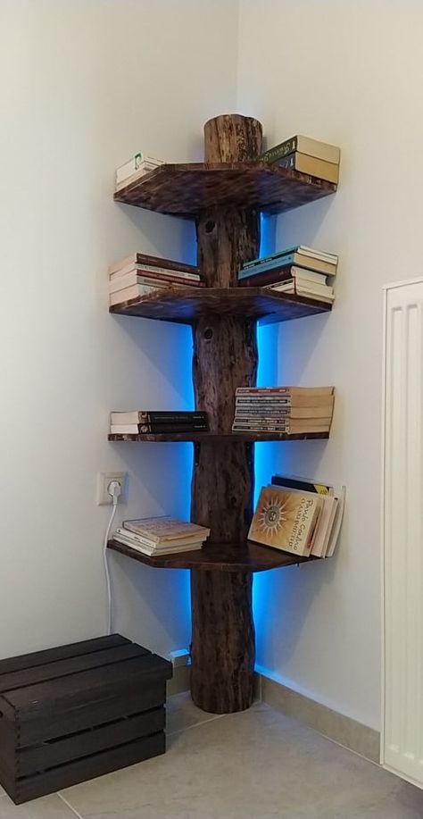 Tree Stump Shelves, Pine Tree Bookshelf, Tree Shelf Diy, Log Shelves, Wood Shelf Diy, Log Bookshelf, Branch Shelves, Log Wood Projects, Birch Bark Decor